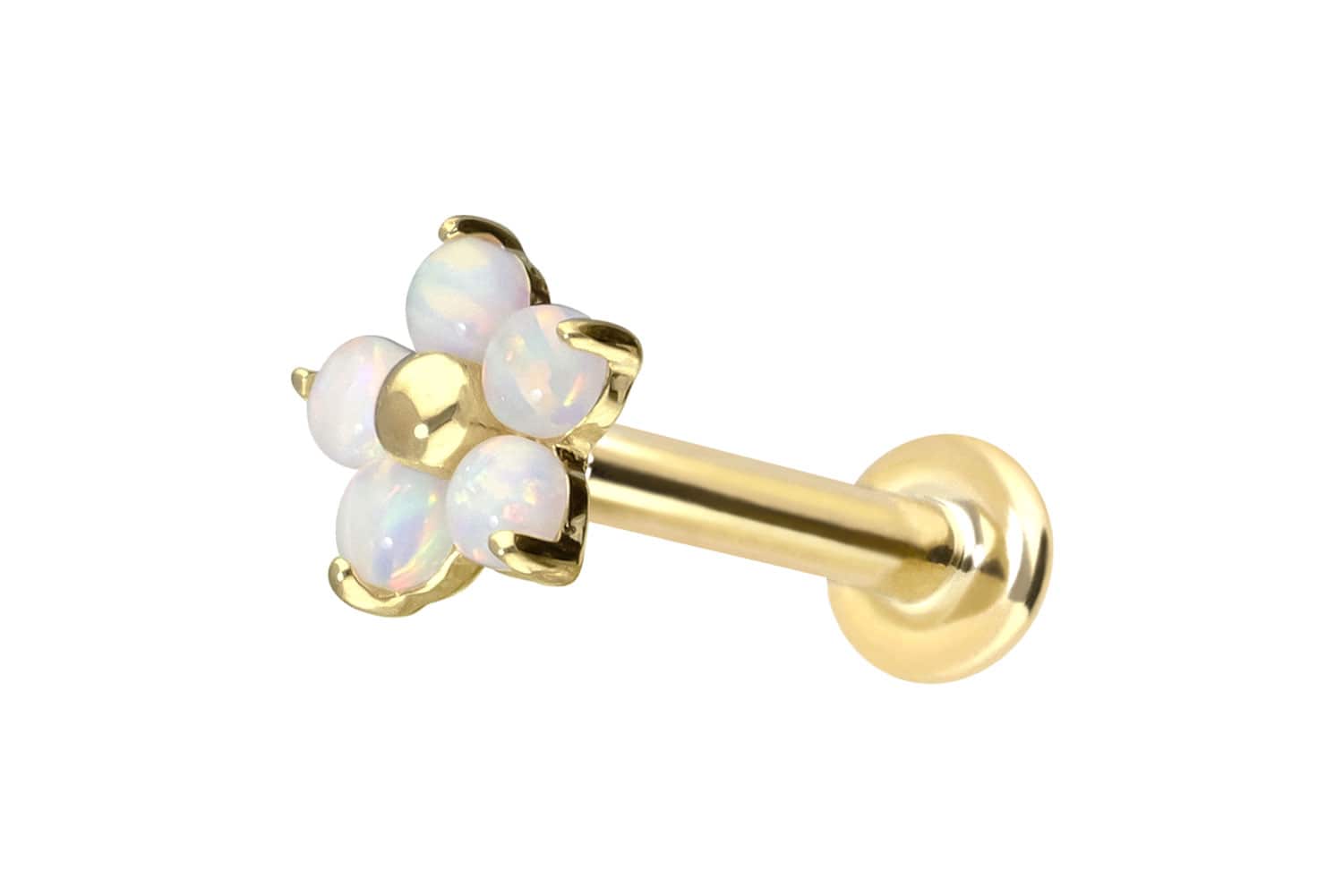 14 Karat Gold Labret Piercing mit Innengewinde BLUME + 5 SYNTHETISCHE OPALE